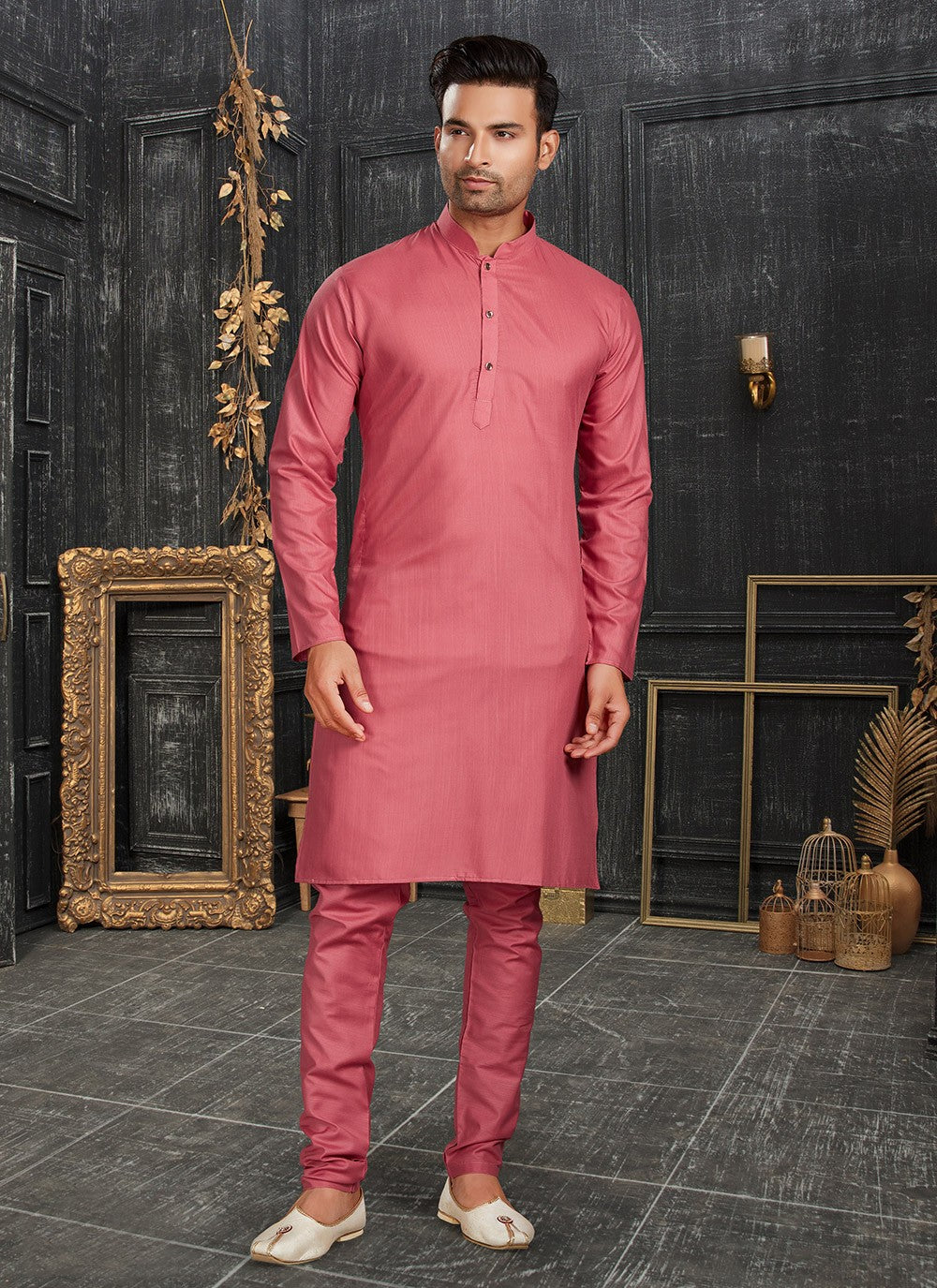 Plain Cotton Pink Kurta Pyjama - M4358