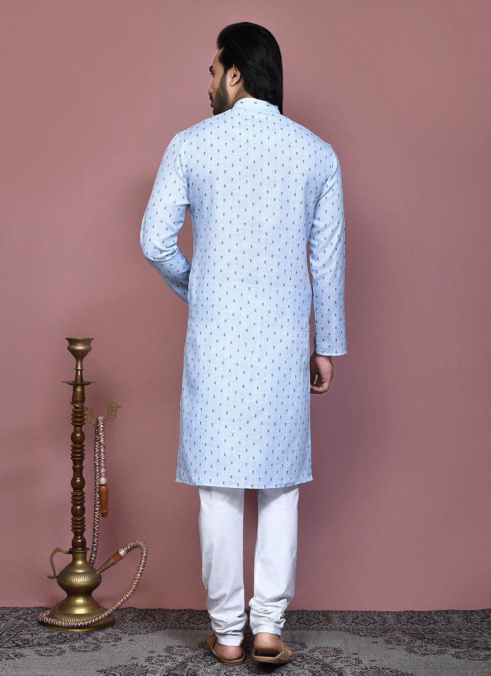 Printed Cotton Aqua Blue Kurta Pyjama - M7914