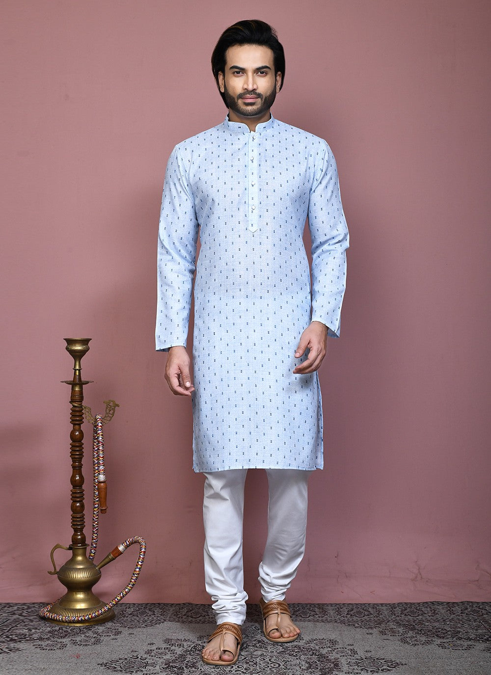 Printed Cotton Aqua Blue Kurta Pyjama - M7914