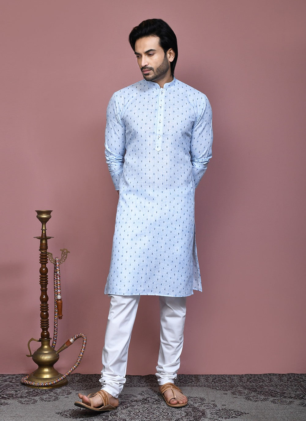 Printed Cotton Aqua Blue Kurta Pyjama - M7914