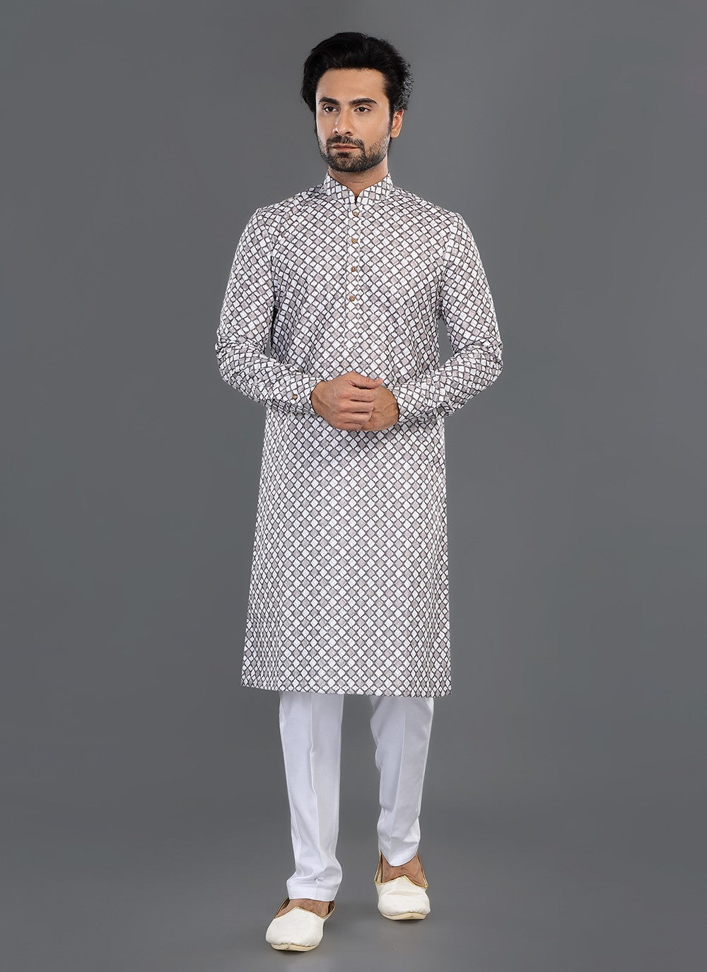 Printed Cotton Beige, Off White Kurta Pyjama - M8063