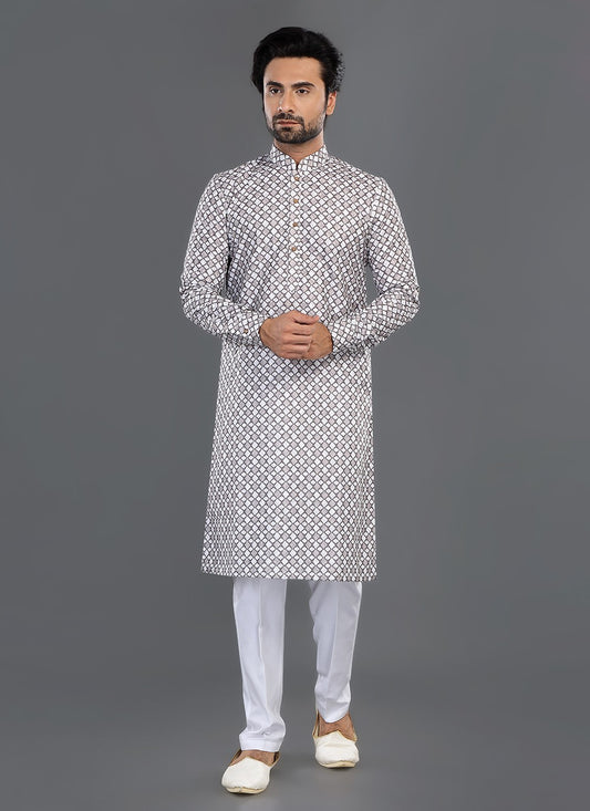 Printed Cotton Beige, Off White Kurta Pyjama - M8063