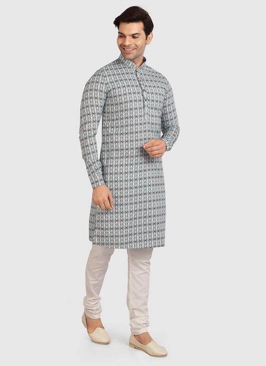 Printed Cotton Blue Kurta Pyjama - M2709