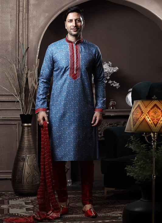 Printed Cotton Blue Kurta Pyjama - M3626