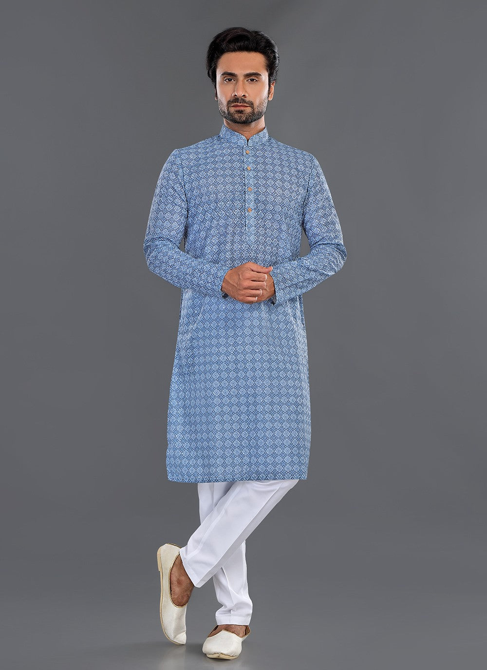 Printed Cotton Blue Kurta Pyjama - M8082