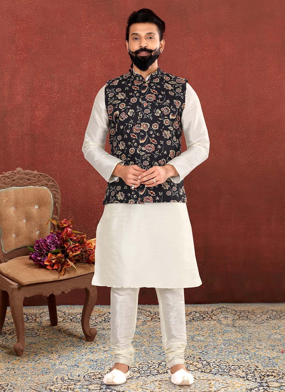 Printed Cotton Black, Off White Kurta Payjama With Jacket - M2558