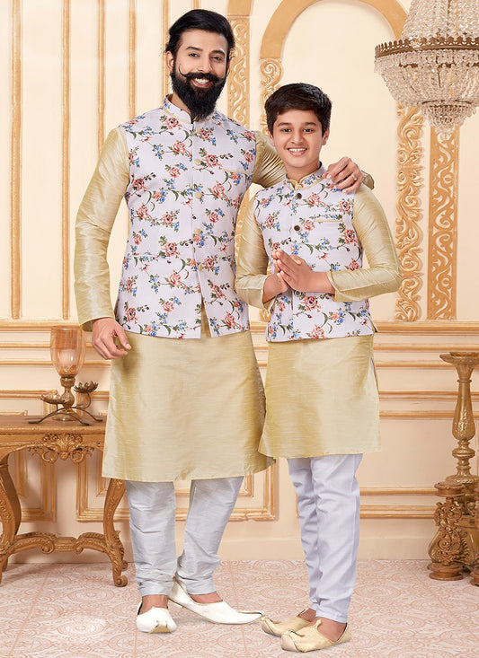 Printed Cotton , Dupion Silk Cream Kurta Payjama With Jacket - M2038