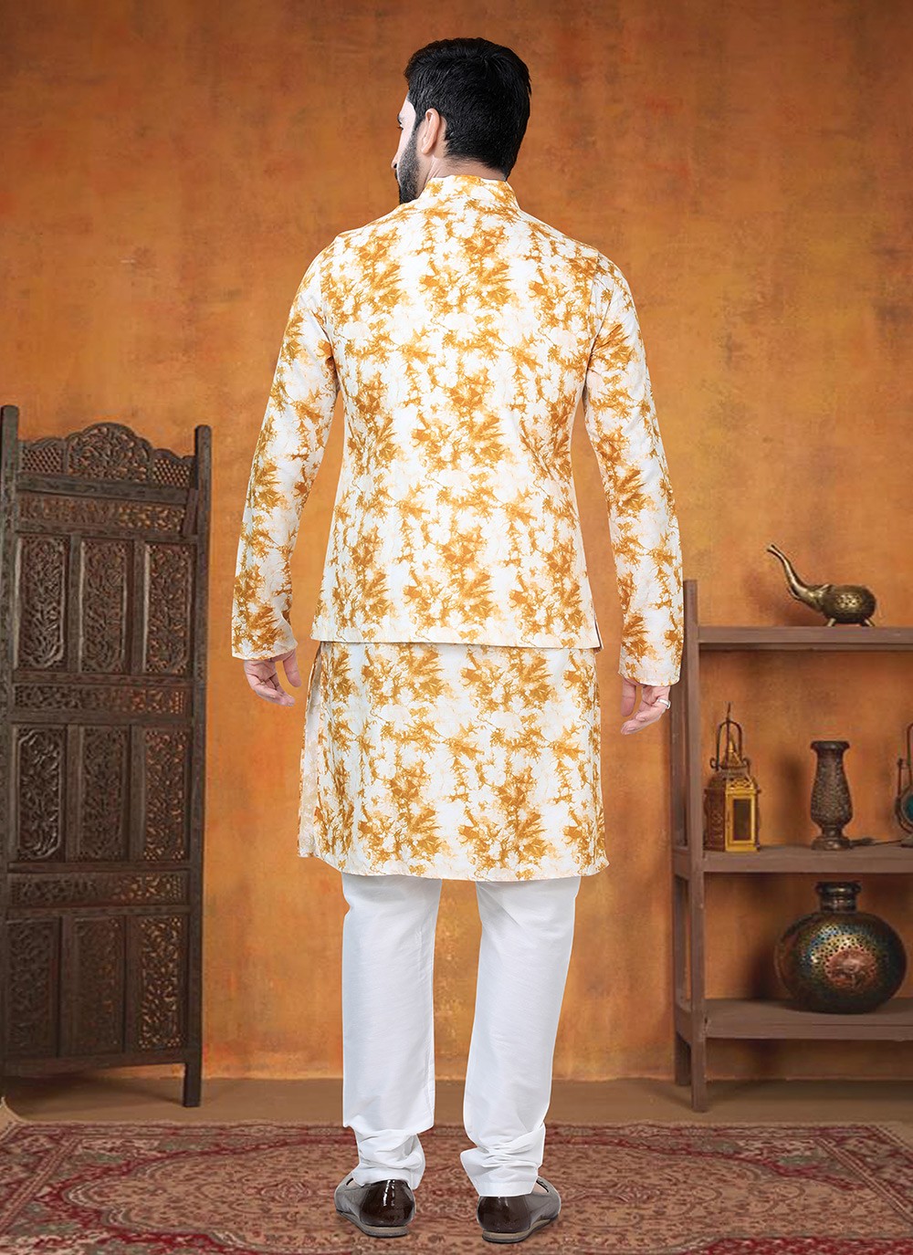 Printed Cotton Yellow Kurta Payjama With Jacket - M8773