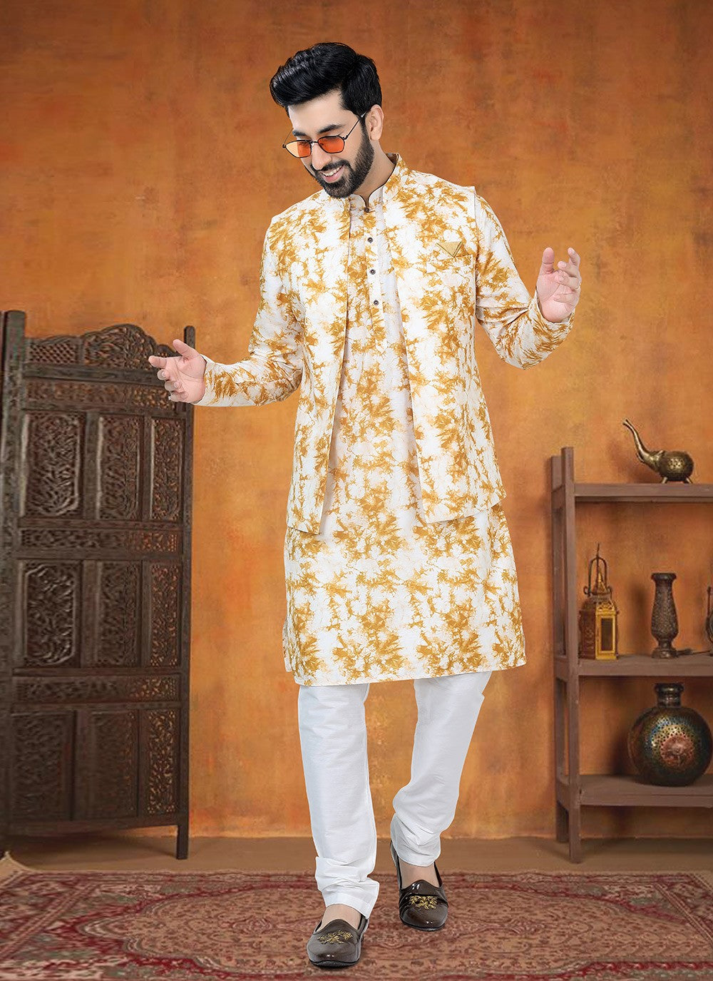 Printed Cotton Yellow Kurta Payjama With Jacket - M8773