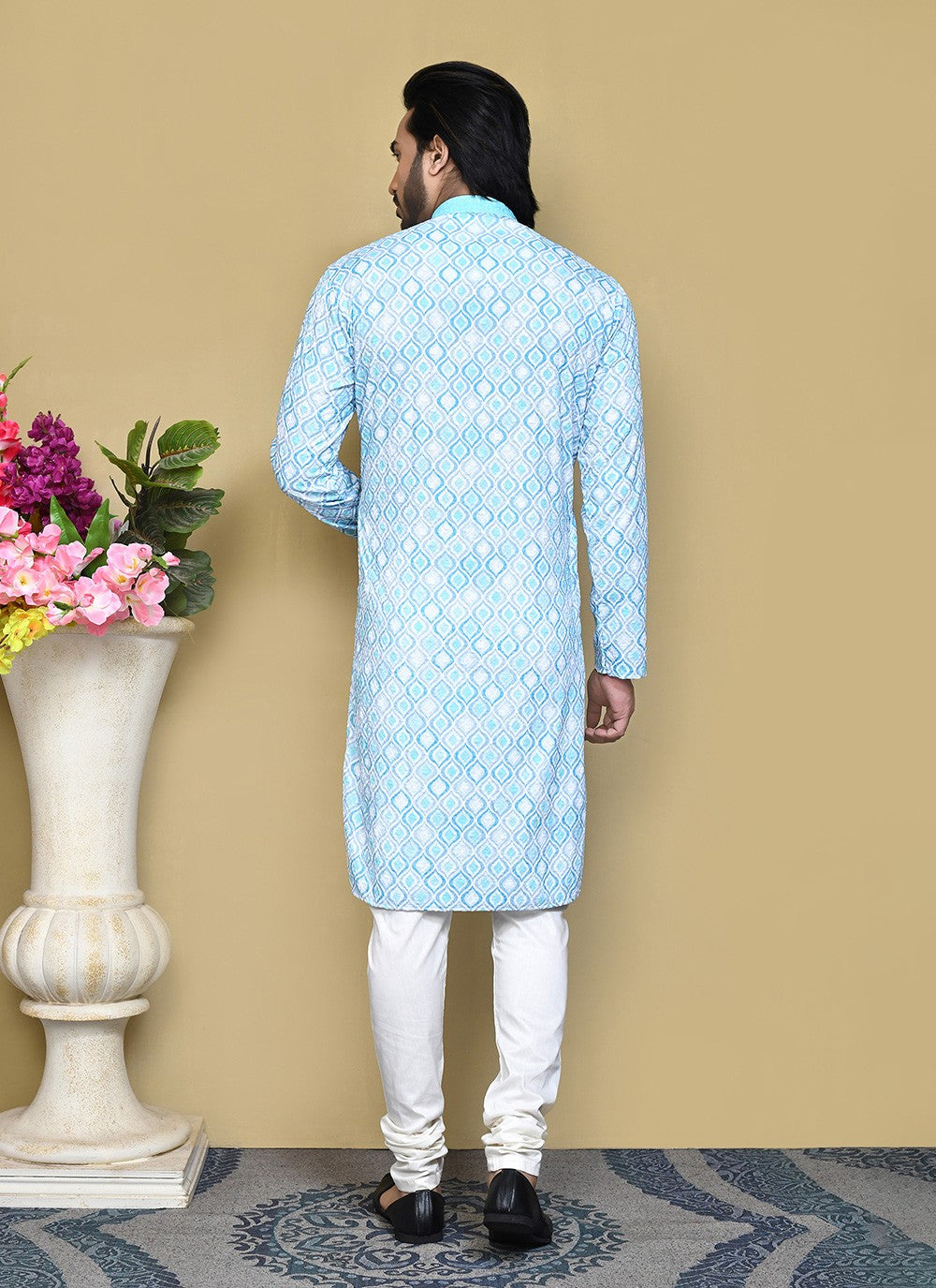 Printed Cotton Aqua Blue Kurta Pyjama - M7790