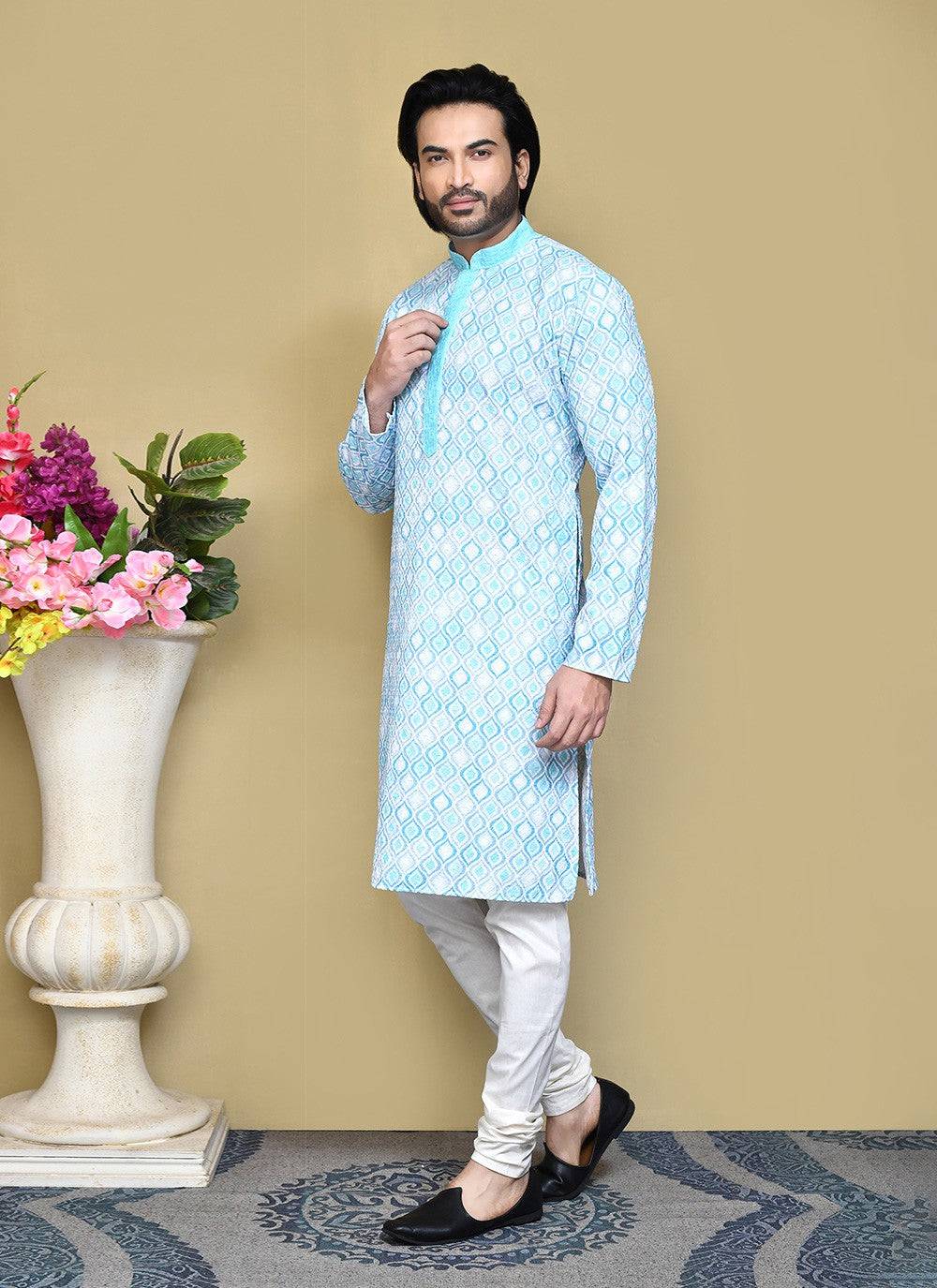 Printed Cotton Aqua Blue Kurta Pyjama - M7790