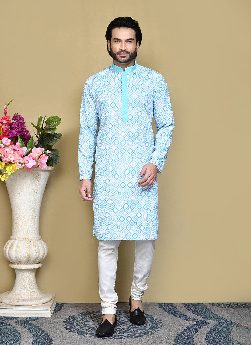 Printed Cotton Aqua Blue Kurta Pyjama - M7790