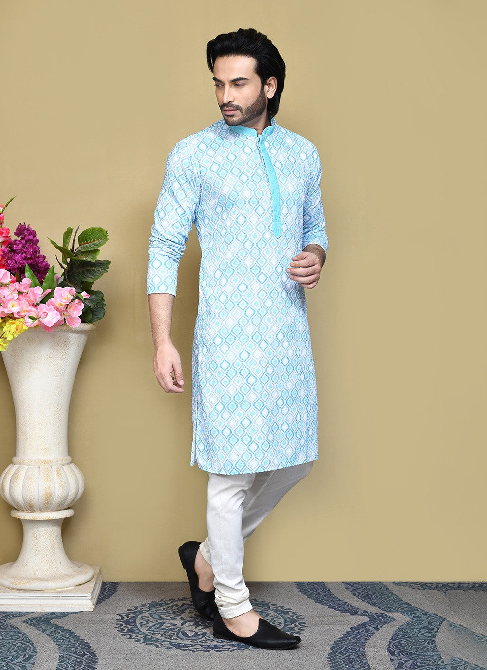 Printed Cotton Aqua Blue Kurta Pyjama - M7790