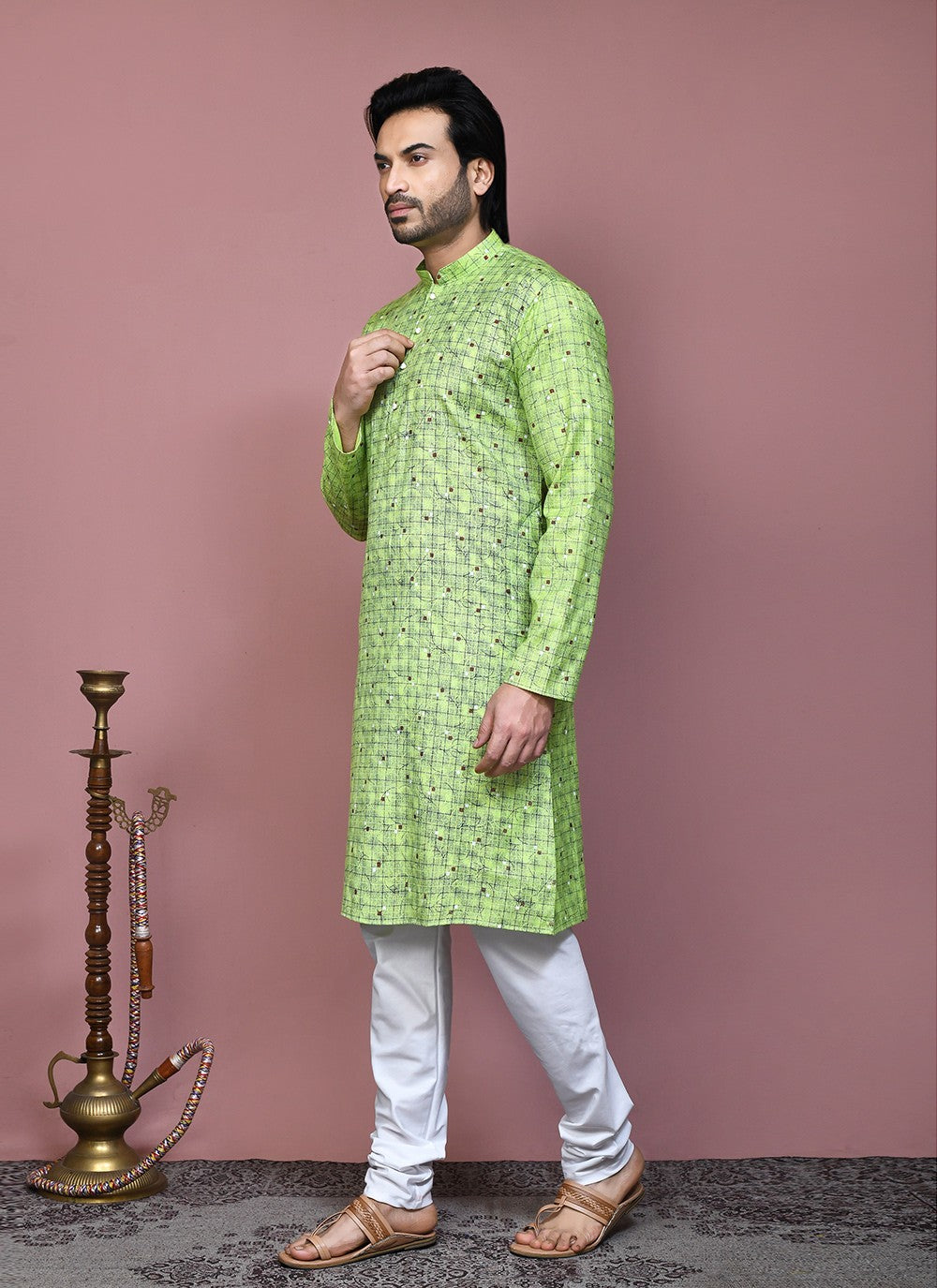 Printed Cotton Green Kurta Pyjama - M7903