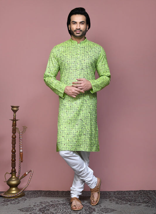 Printed Cotton Green Kurta Pyjama - M7903