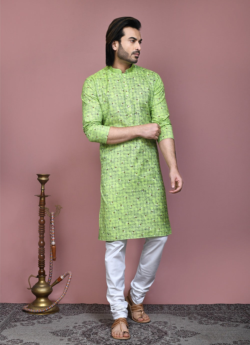 Printed Cotton Green Kurta Pyjama - M7903