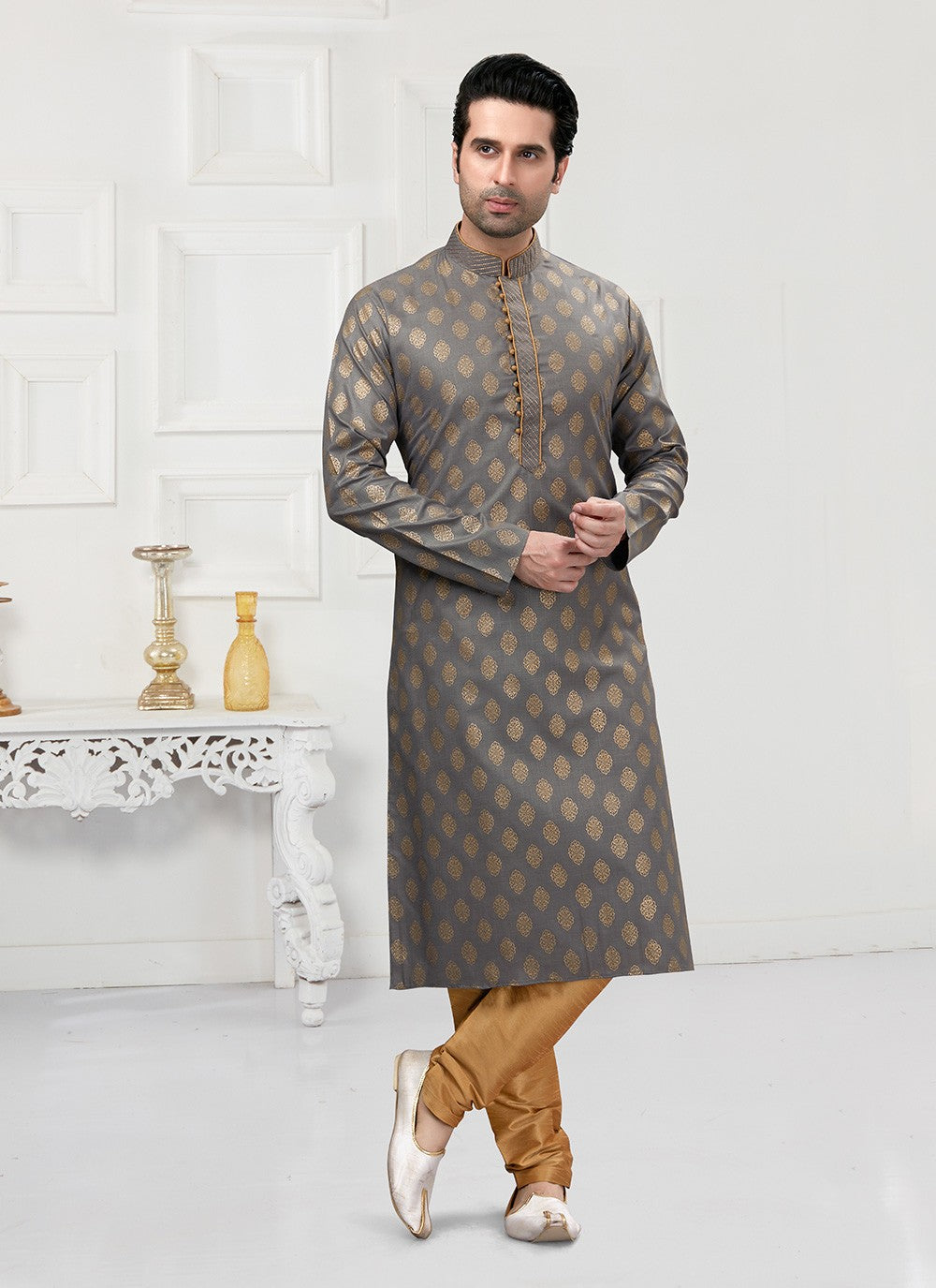 Printed Cotton Grey Kurta Pyjama - M3145