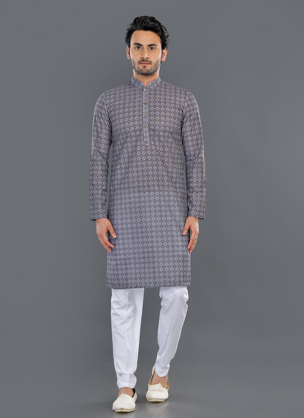 Printed Cotton Grey Kurta Pyjama - M8083