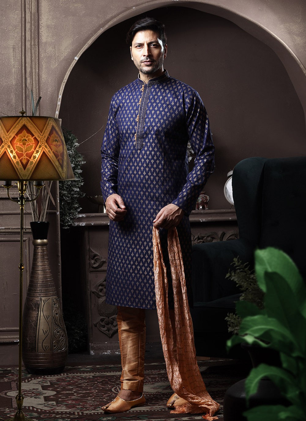 Printed Cotton Navy Blue Kurta Pyjama - M3615