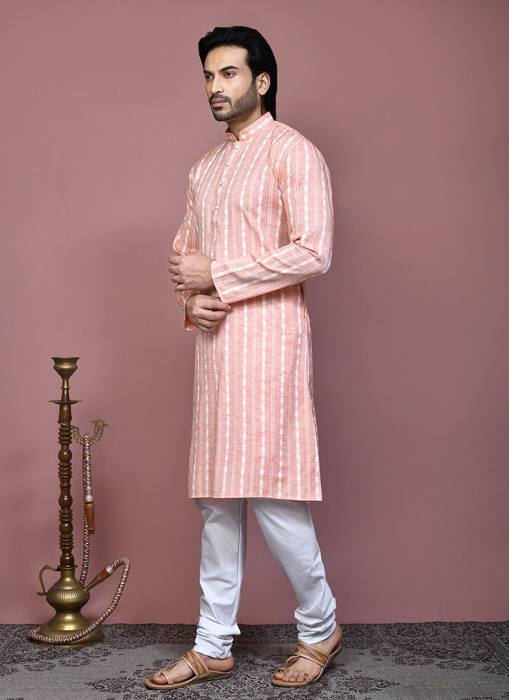 Printed Cotton Peach Kurta Pyjama - M7906