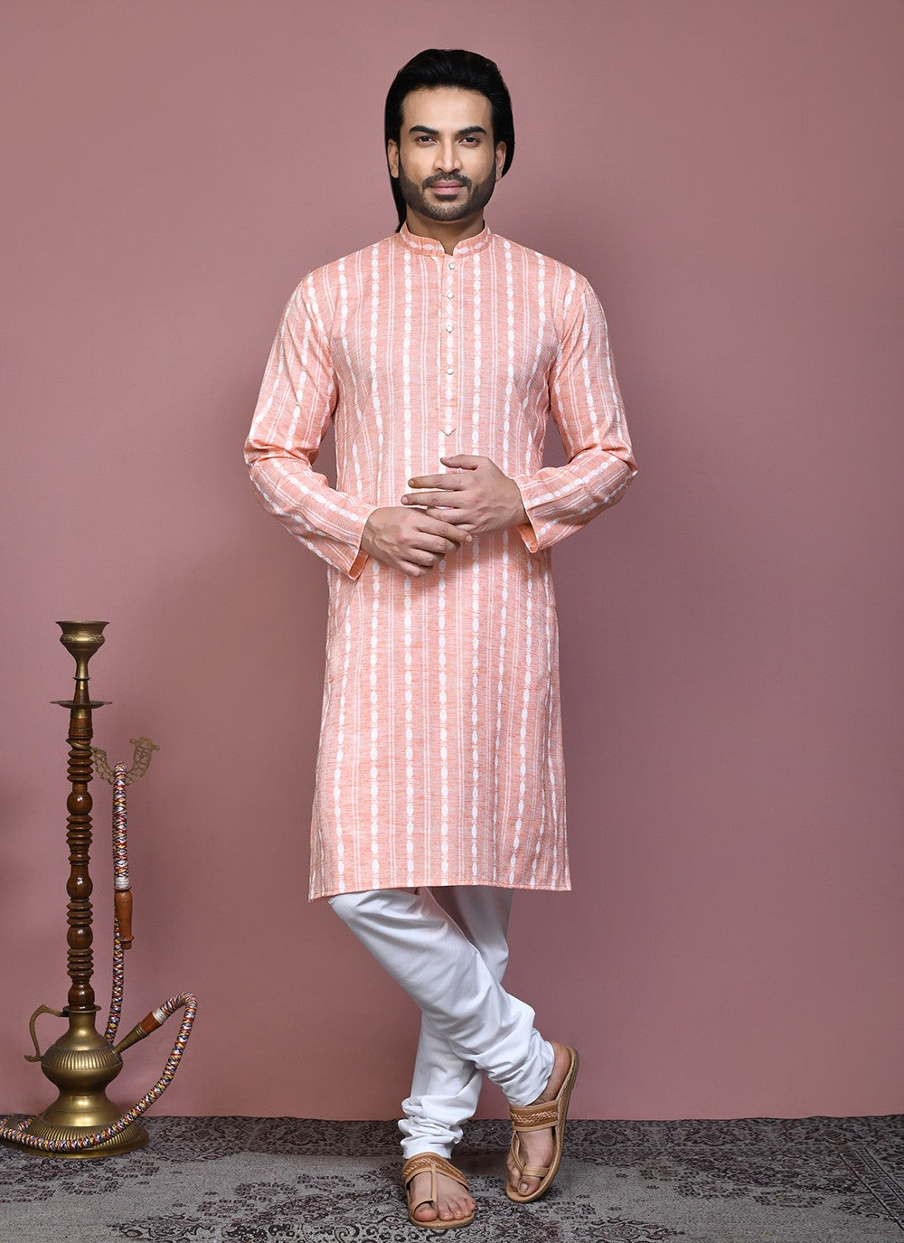 Printed Cotton Peach Kurta Pyjama - M7906