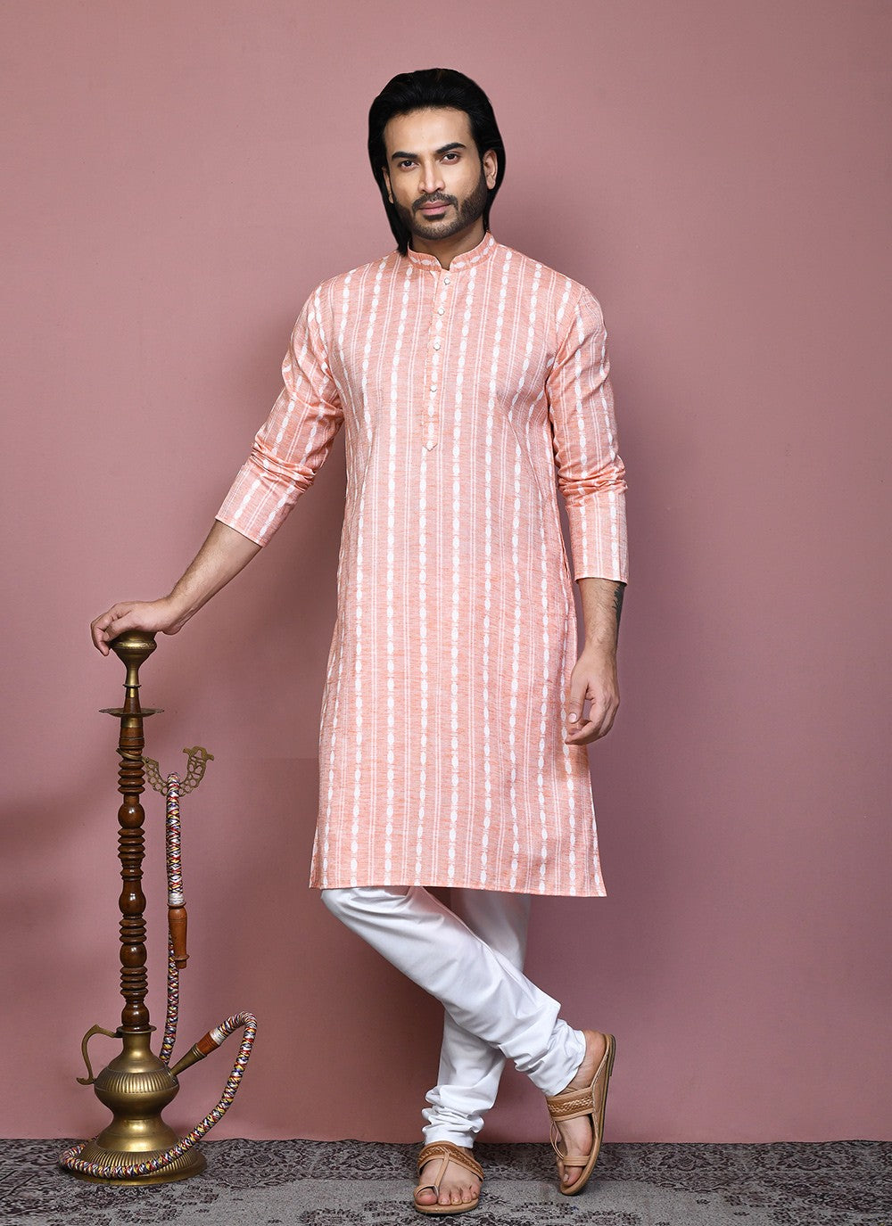 Printed Cotton Peach Kurta Pyjama - M7906