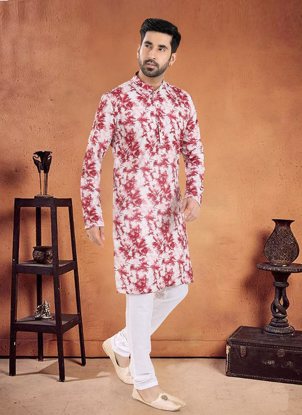 Printed Cotton Red Kurta Pyjama - M8092