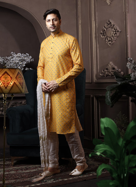 Printed Cotton Yellow Kurta Pyjama - M3606