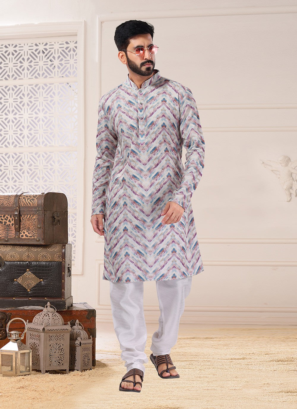 Printed Cotton Multi Colour Kurta Pyjama - M4711