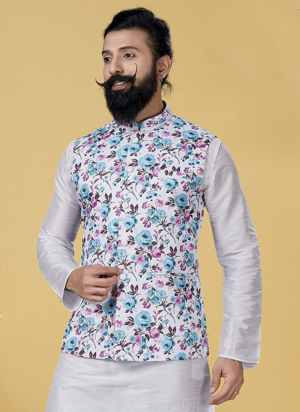 Printed Cotton White Nehru Jackets - M1868