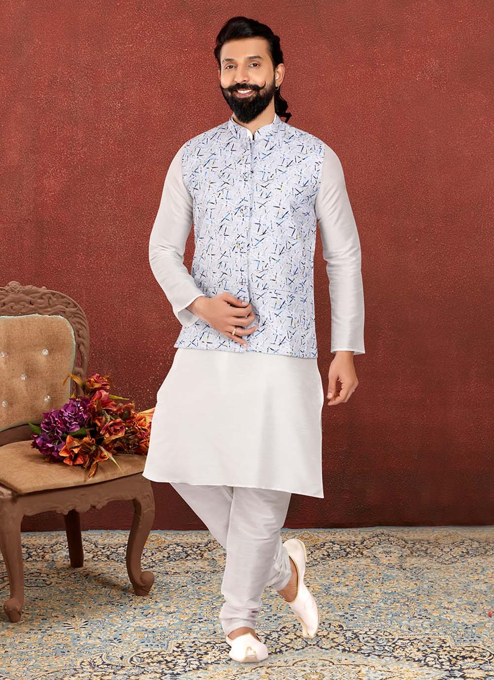 Printed Cotton , Dupion Silk Off White, Silver Kurta Payjama With Jacket - M2549