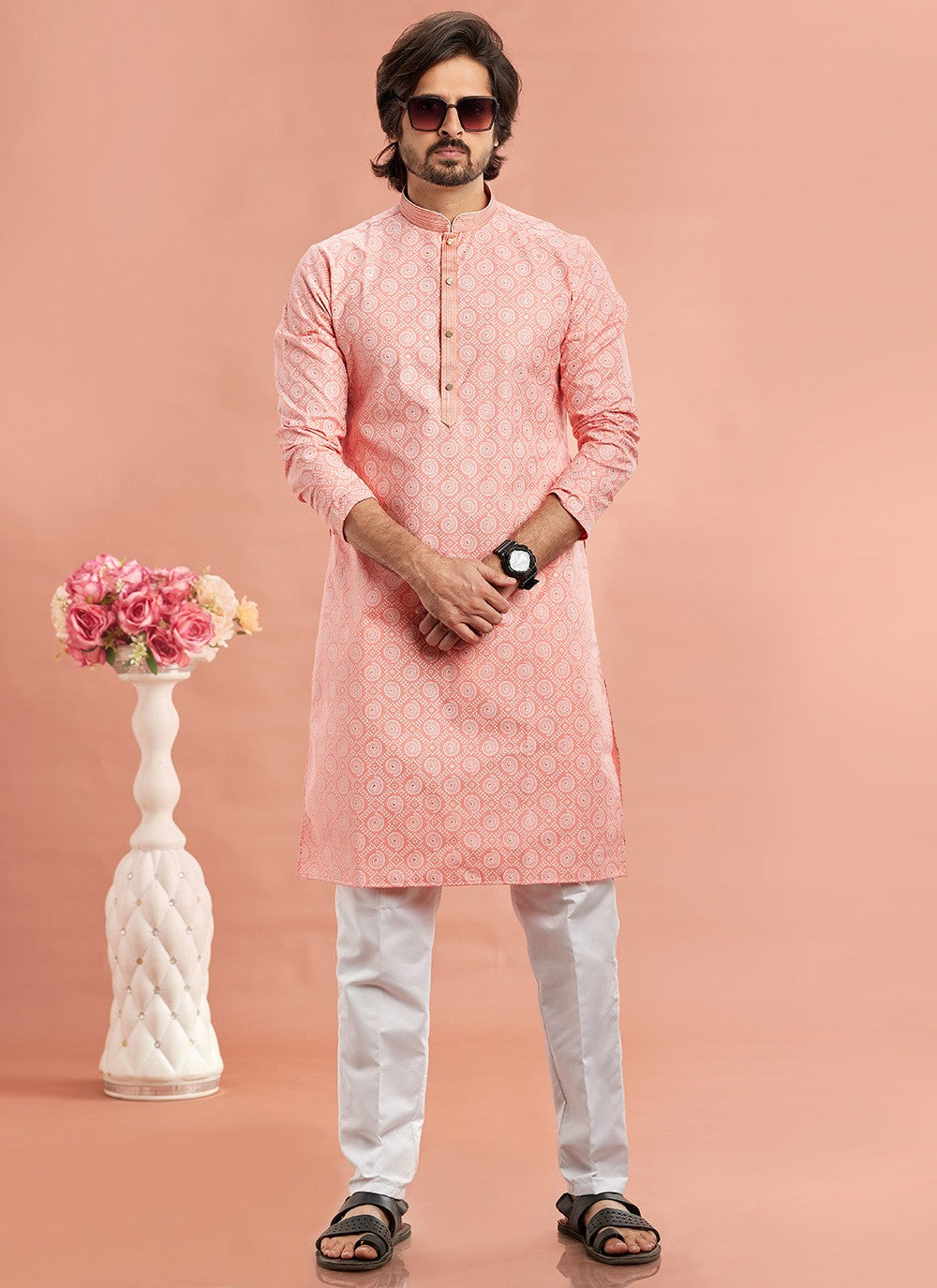 Printed Cotton Pink Kurta Pyjama - M7087