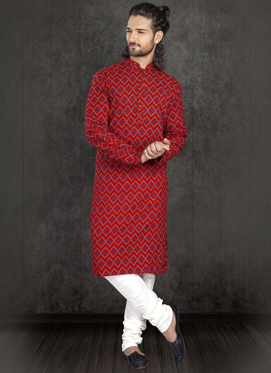 Printed Cotton Red Kurta Pyjama - M2170