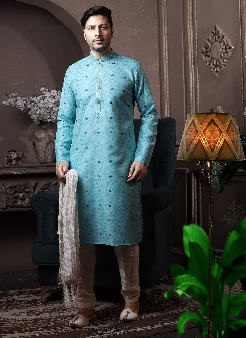 Printed Cotton Turquoise Kurta Pyjama - M3609