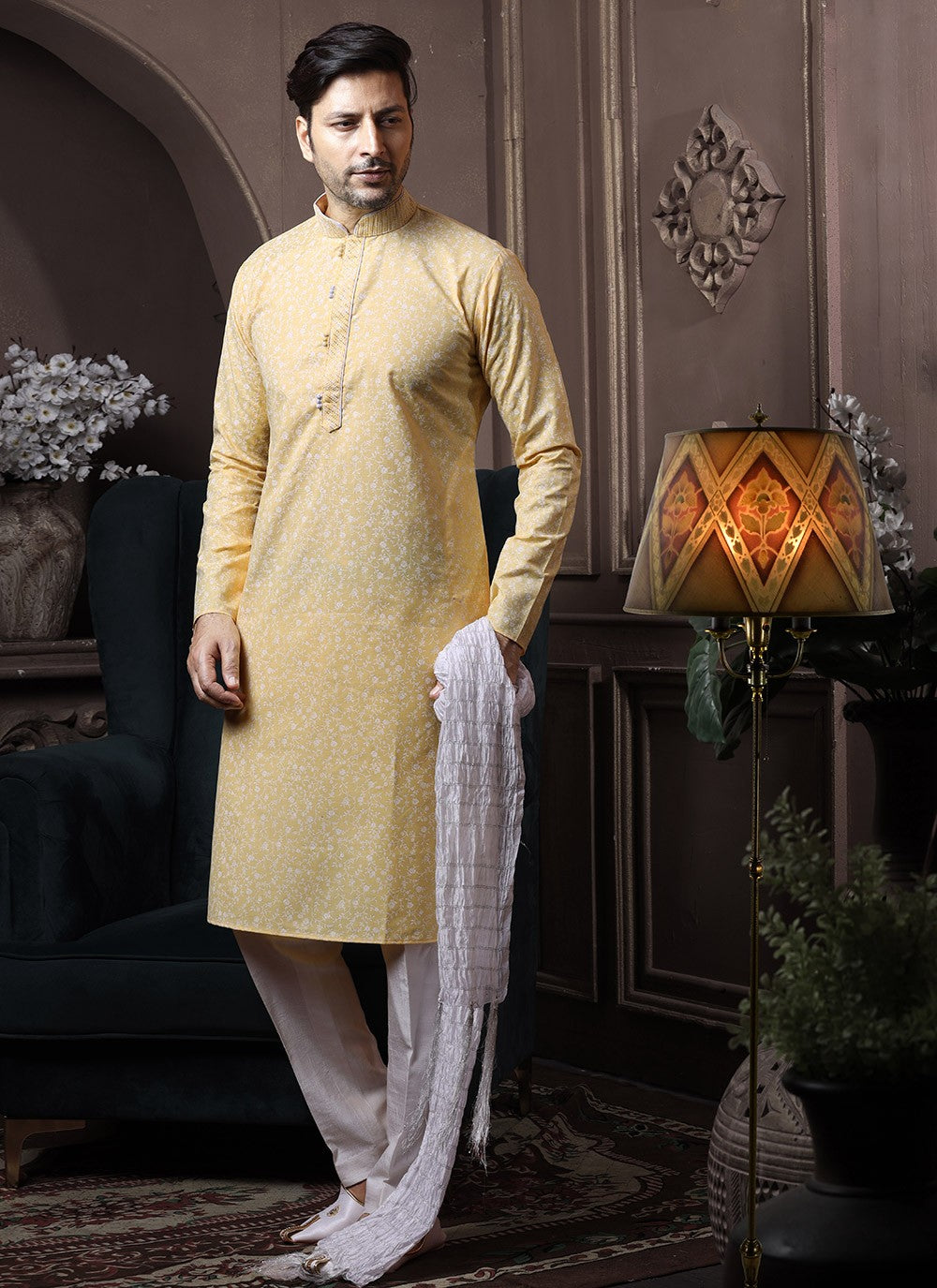 Printed Cotton Yellow Kurta Pyjama - M3598