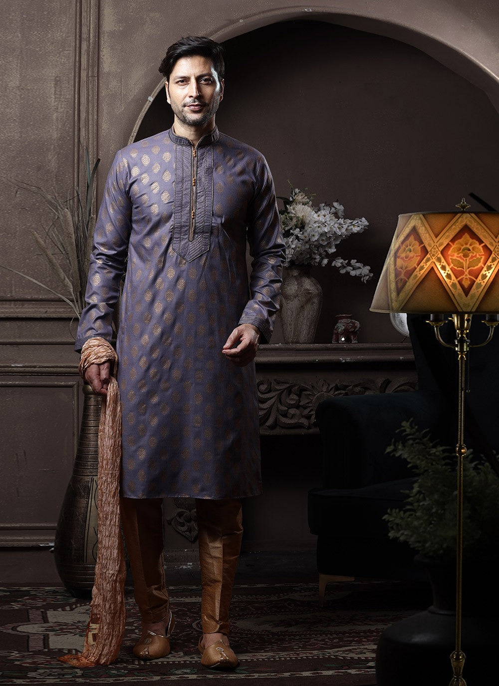 Printed Cotton Purple Kurta Pyjama - M3618