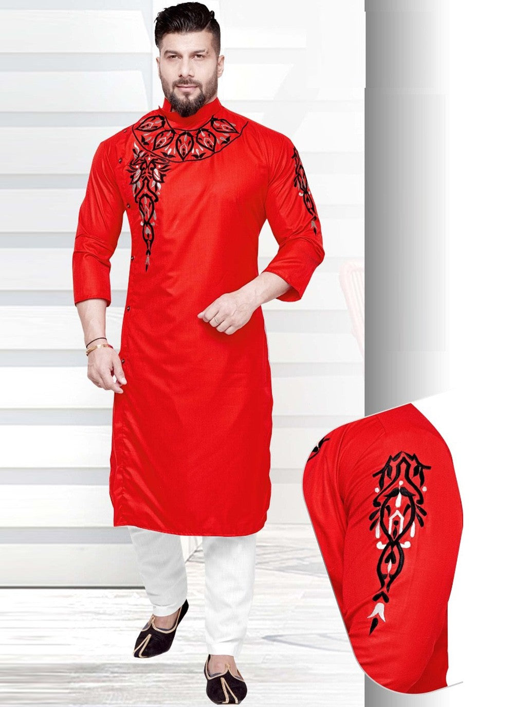 Resham Cotton Red Kurta Pyjama - M2197