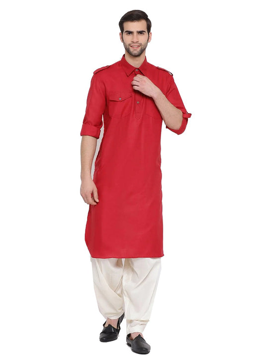 Plain Cotton Red Kurta Pyjama - M3860