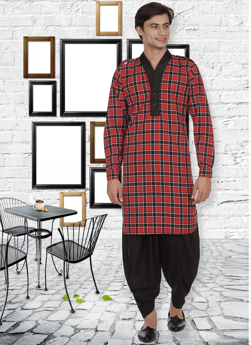 Patch Cotton Red Kurta Pyjama - M1115