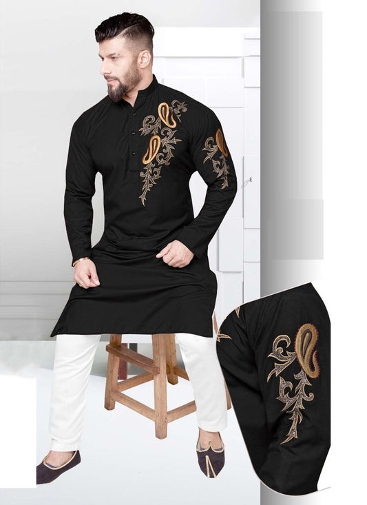 Resham Cotton Black Kurta Pyjama - M2207