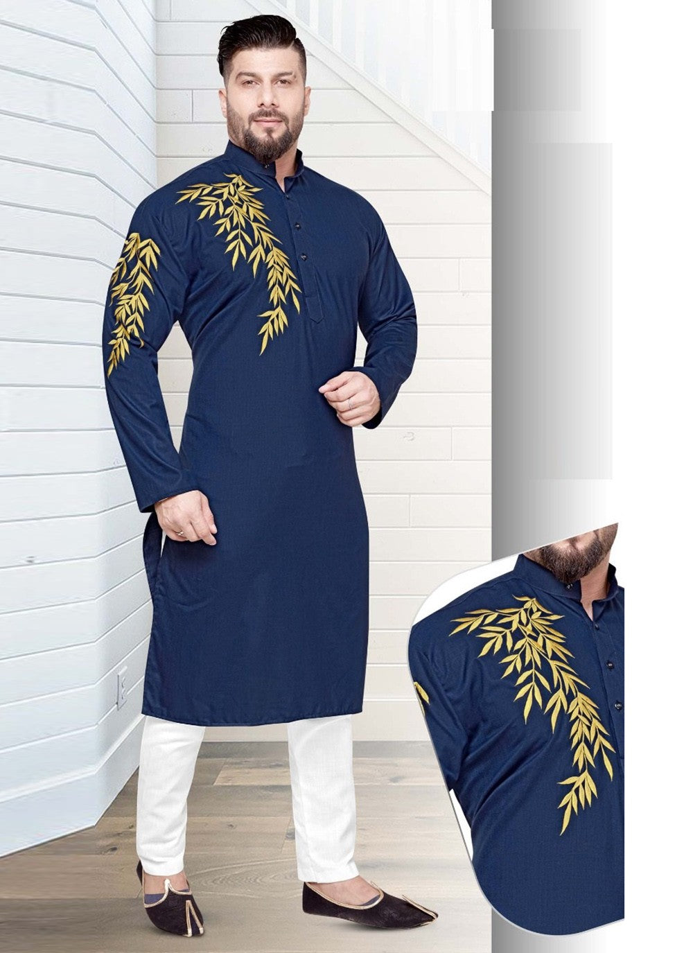 Resham Cotton Navy Blue Kurta Pyjama - M2193