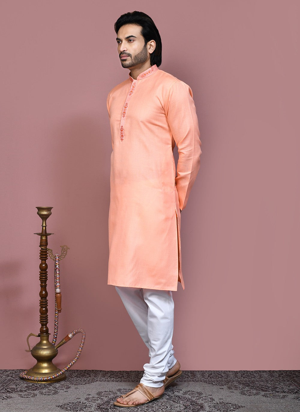 Machine Embroidery Cotton Rust Kurta Pyjama - M7924