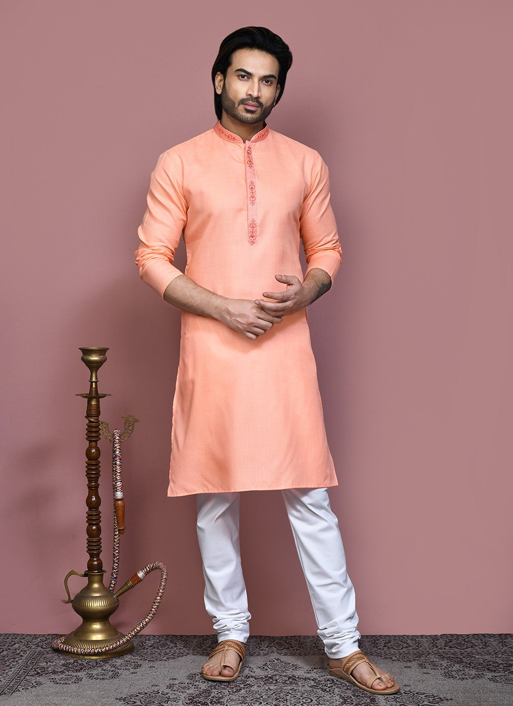 Machine Embroidery Cotton Rust Kurta Pyjama - M7924