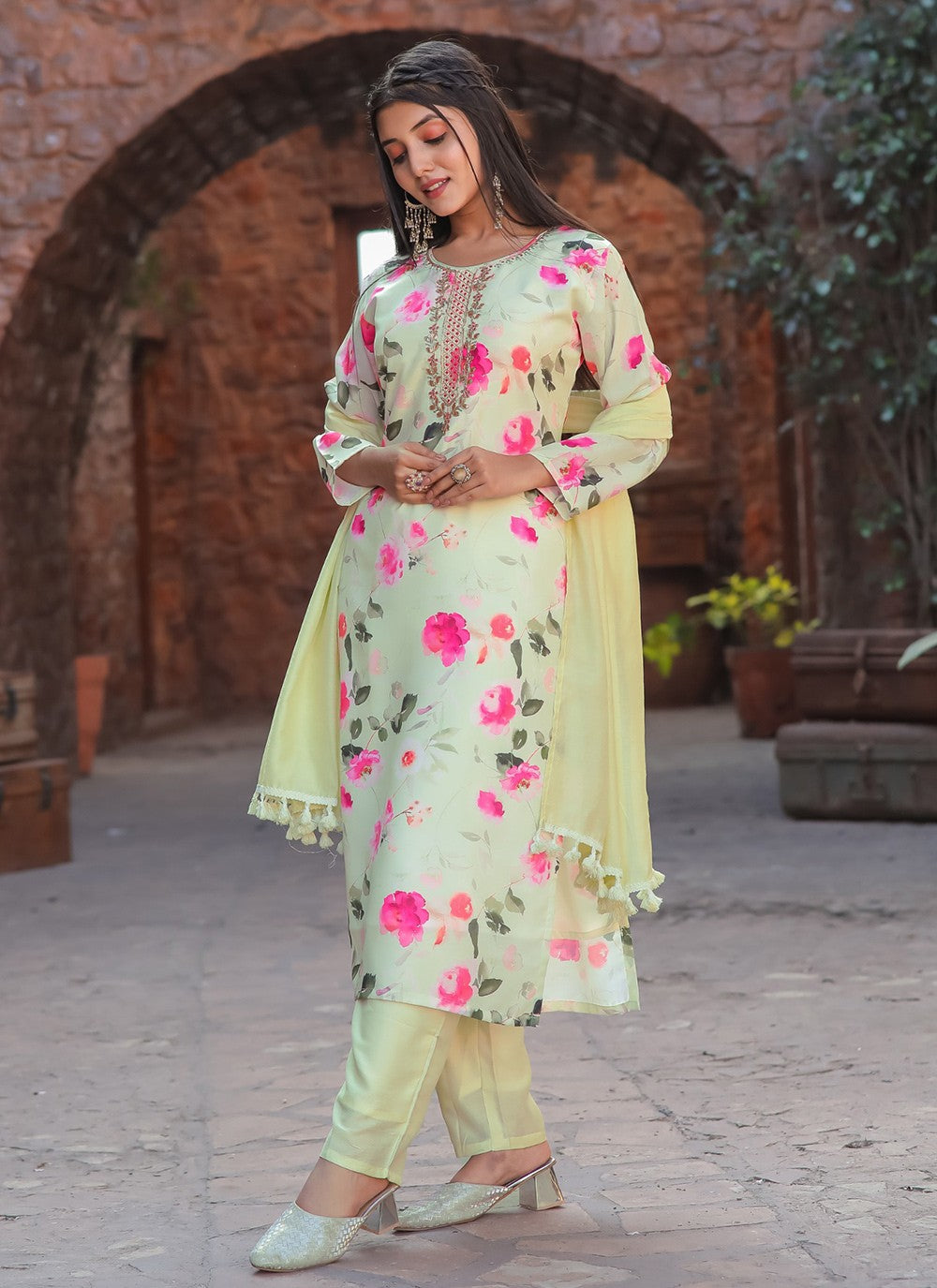 Embroidered Cotton Pant Style Suit - T4802