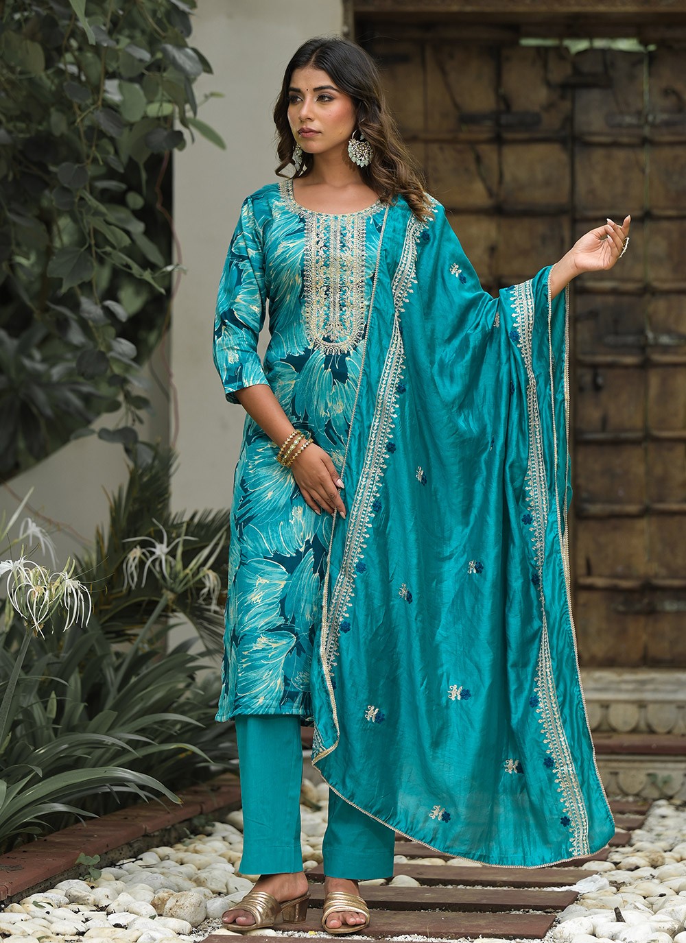 Embroidered Cotton Pant Style Suit - T4656