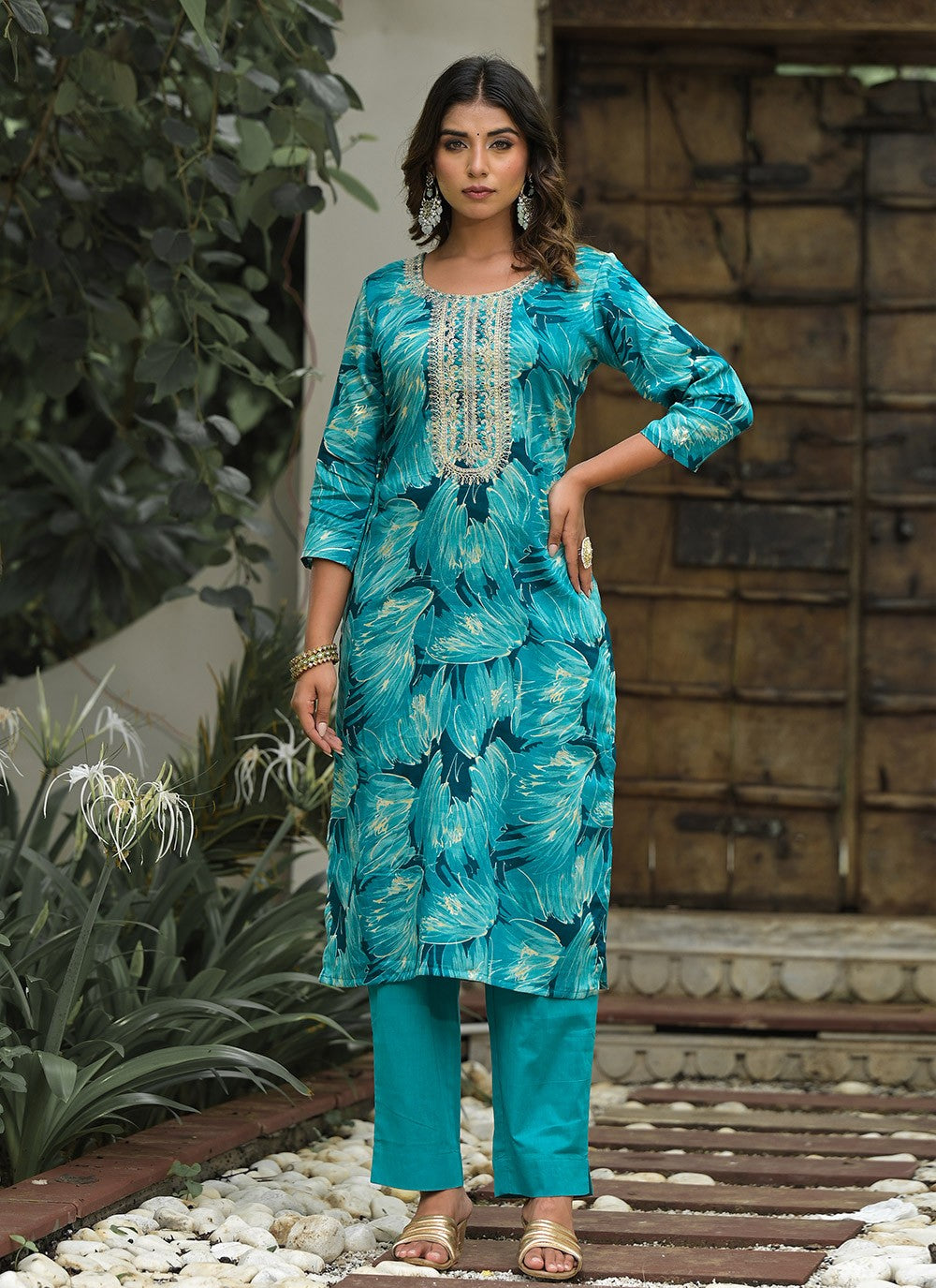 Embroidered Cotton Pant Style Suit - T4656