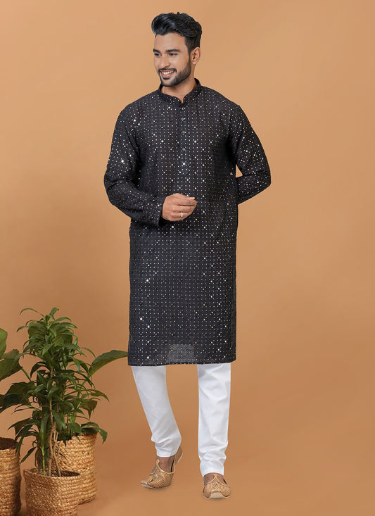 Embroidered Cotton , Viscose Black Kurta Pyjama - M6251