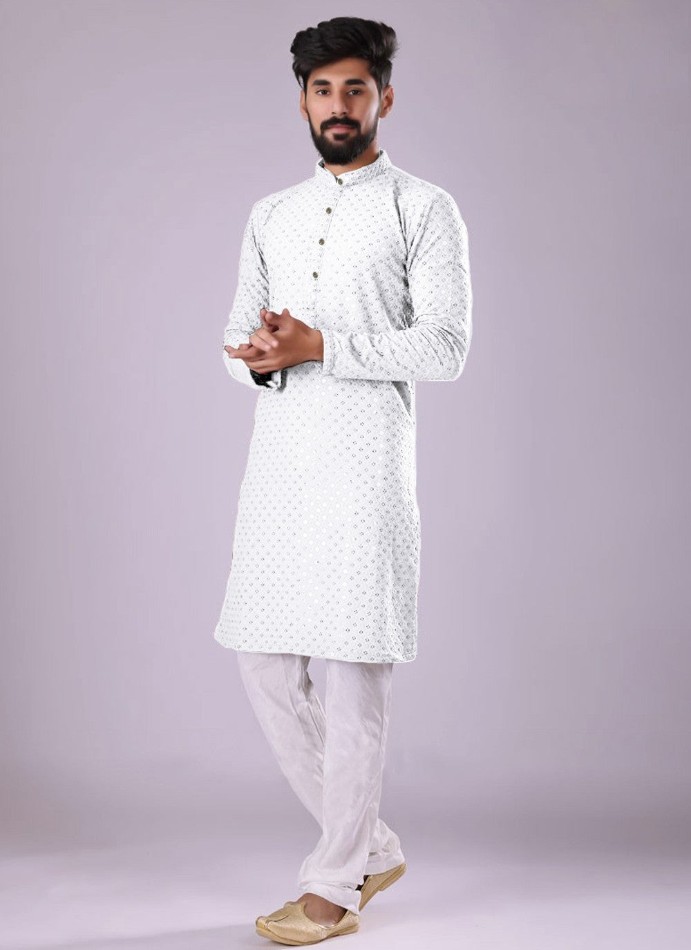 Chikankari Work Cotton White Kurta Pyjama - M4459