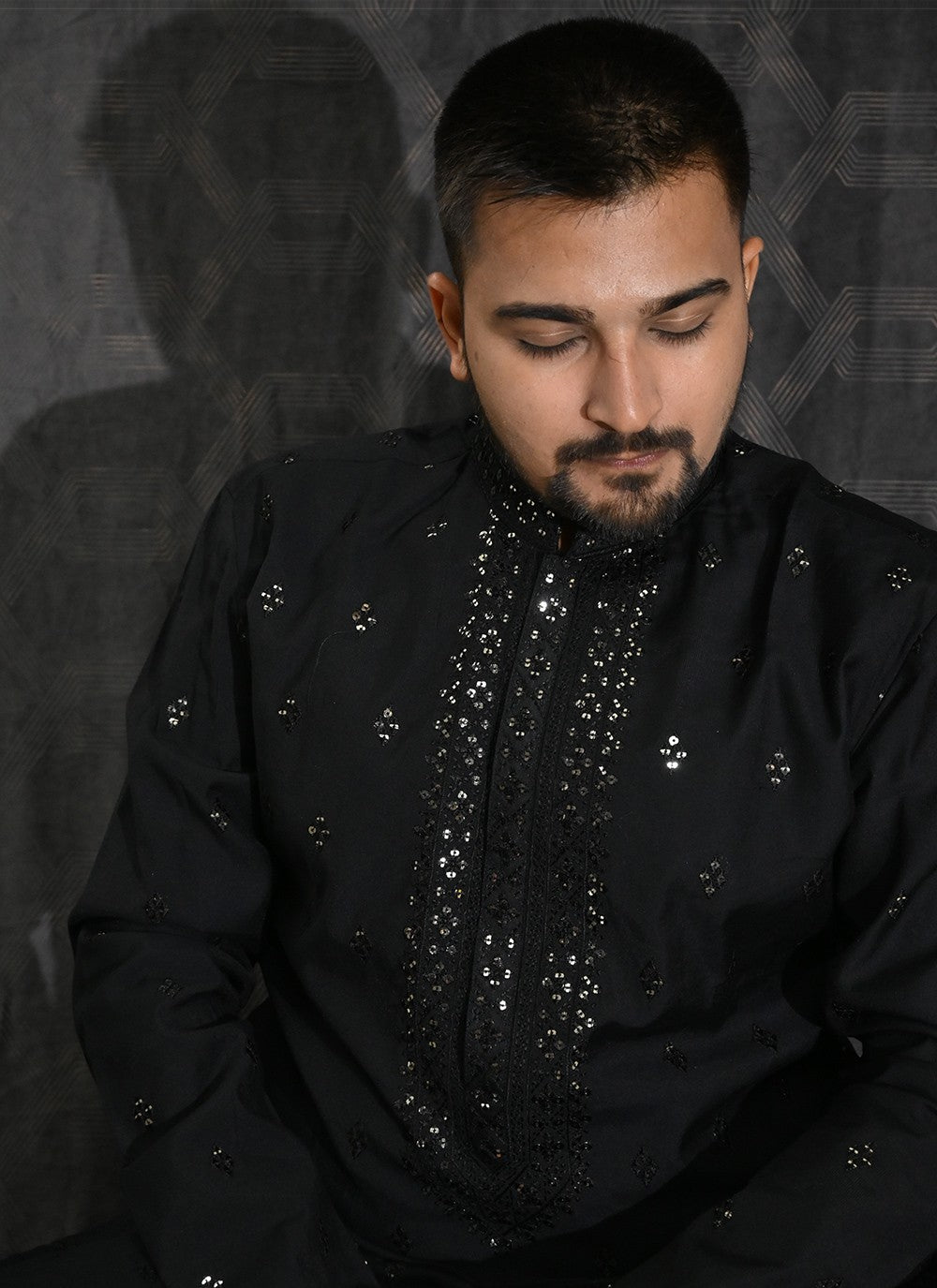 Embroidered Cotton Silk Black Kurta Pyjama - M6190