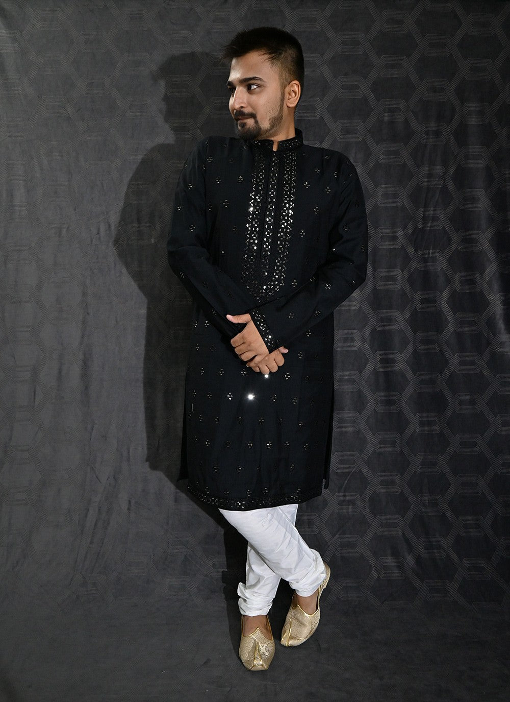 Embroidered Cotton Silk Black Kurta Pyjama - M6190